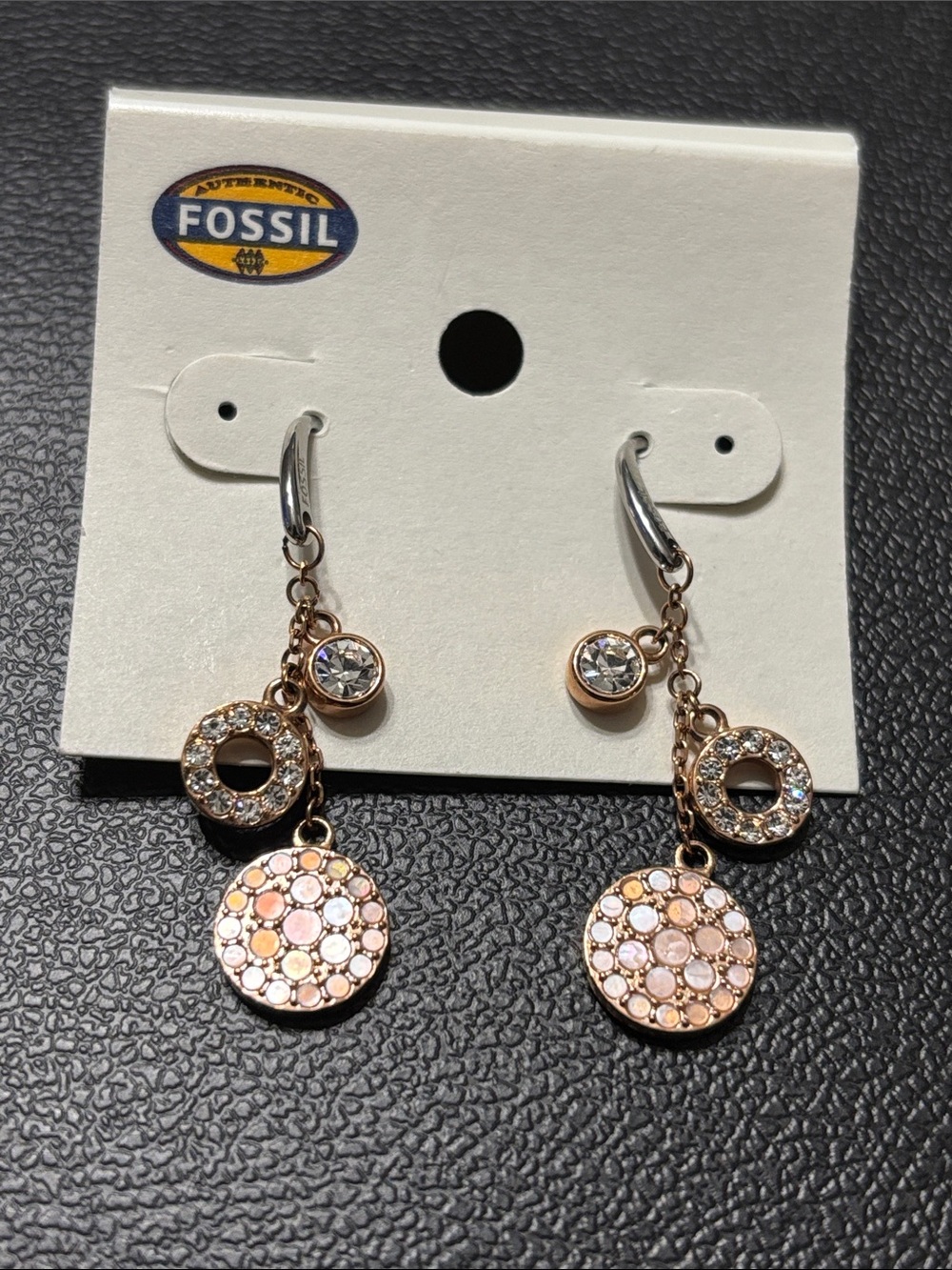 Fossil Rose Gold and Clear Crystal Dangle Earrings pink MOP